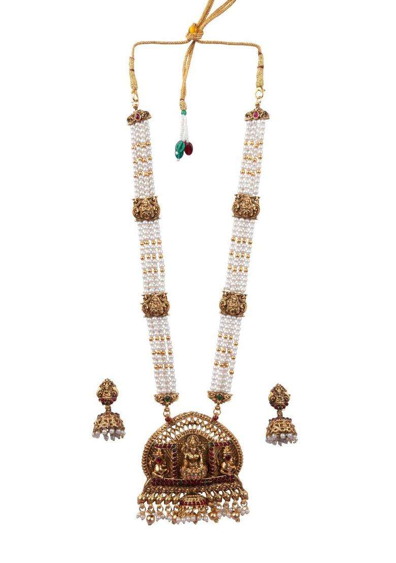 Gold-Plated Temple Stone-Studded Necklace and Earrings for Women | Traditional Temple Jewellery for Wedding & Festive Wear | Gift for Her - Indya