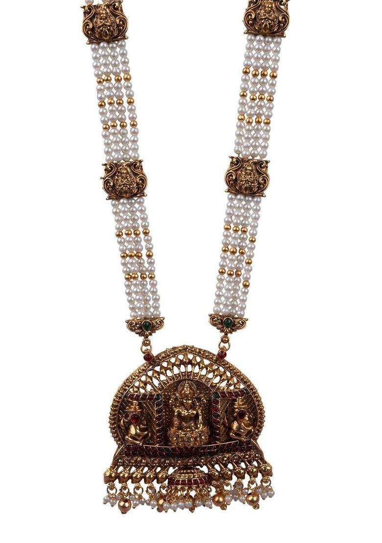 Gold-Plated Temple Stone-Studded Necklace and Earrings for Women | Traditional Temple Jewellery for Wedding & Festive Wear | Gift for Her - Indya