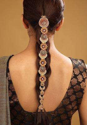 Gold-Plated Kemp Stone-Studded Temple Jada Bilai for Women | Traditional Temple Jewellery for Wedding & Festive Wear | Gift for Her