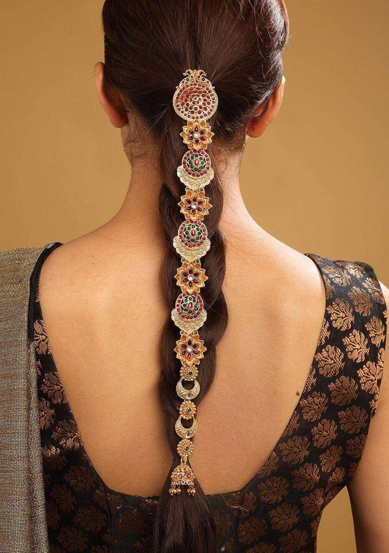 Gold-Plated Kemp Stone-Studded Temple Jada Bilai for Women | Traditional Temple Jewellery for Wedding & Festive Wear | Gift for Her - Indya