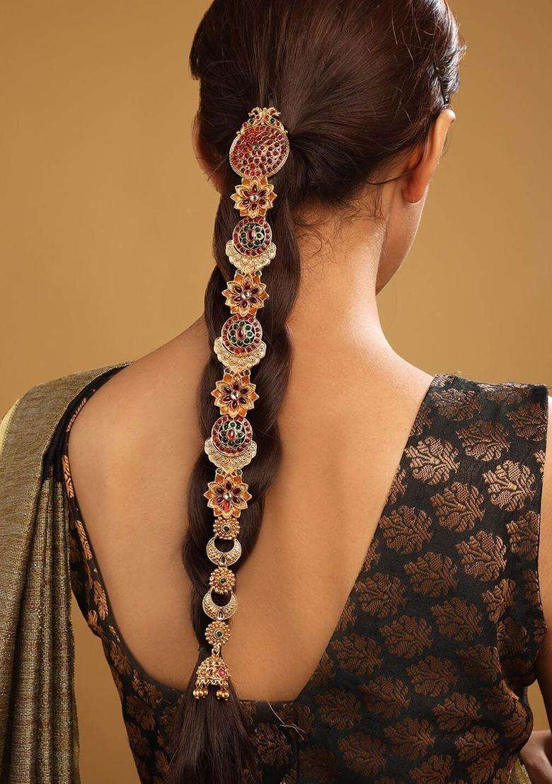 Gold-Plated Kemp Stone-Studded Temple Jada Bilai for Women | Traditional Temple Jewellery for Wedding & Festive Wear | Gift for Her - Indya