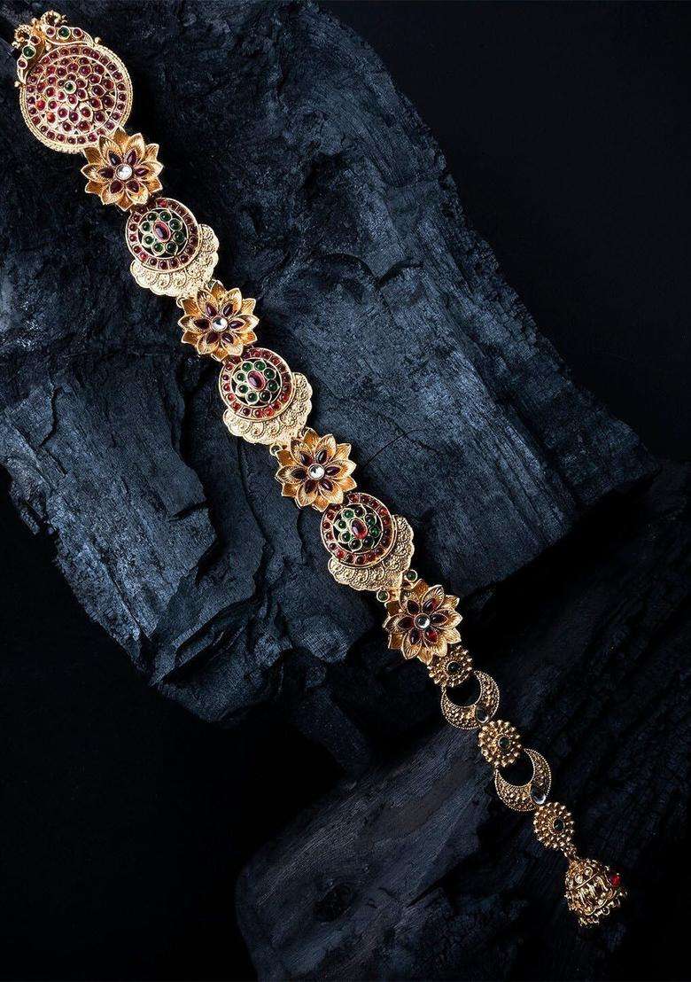 Gold-Plated Kemp Stone-Studded Temple Jada Bilai for Women | Traditional Temple Jewellery for Wedding & Festive Wear | Gift for Her - Indya
