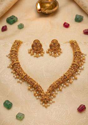 Gold-Plated Temple Stone-Studded Necklace and Earrings for Women | Traditional Temple Jewellery for Wedding & Festive Wear | Gift for Her
