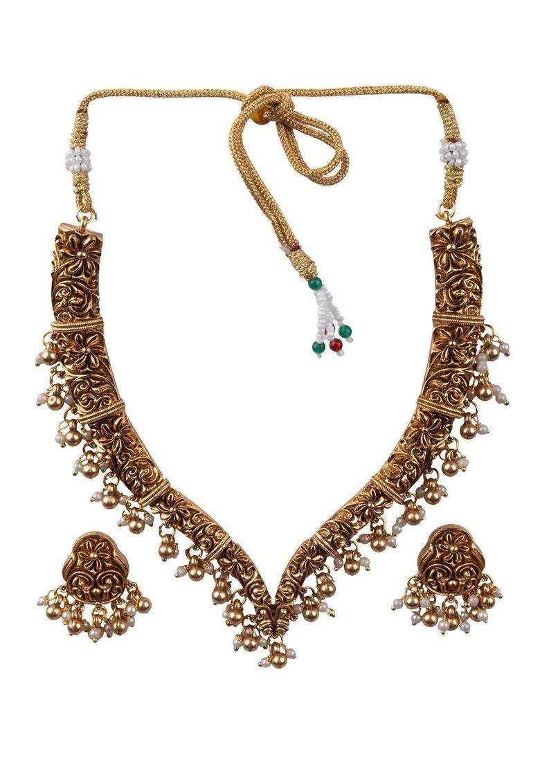 Gold-Plated Temple Stone-Studded Necklace and Earrings for Women | Traditional Temple Jewellery for Wedding & Festive Wear | Gift for Her - Indya