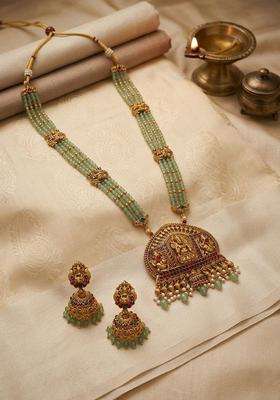 Gold-Plated Temple Stone-Studded Necklace and Earrings for Women | Traditional Temple Jewellery for Wedding & Festive Wear | Gift for Her