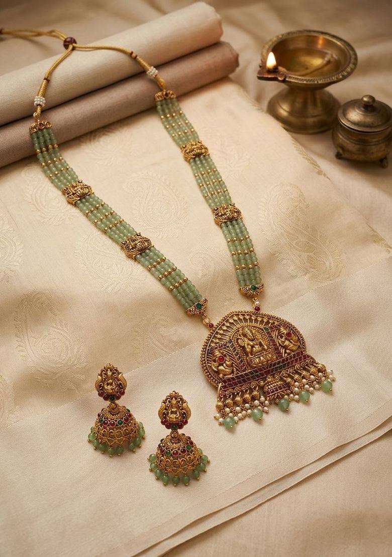 Gold-Plated Temple Stone-Studded Necklace and Earrings for Women | Traditional Temple Jewellery for Wedding & Festive Wear | Gift for Her - Indya