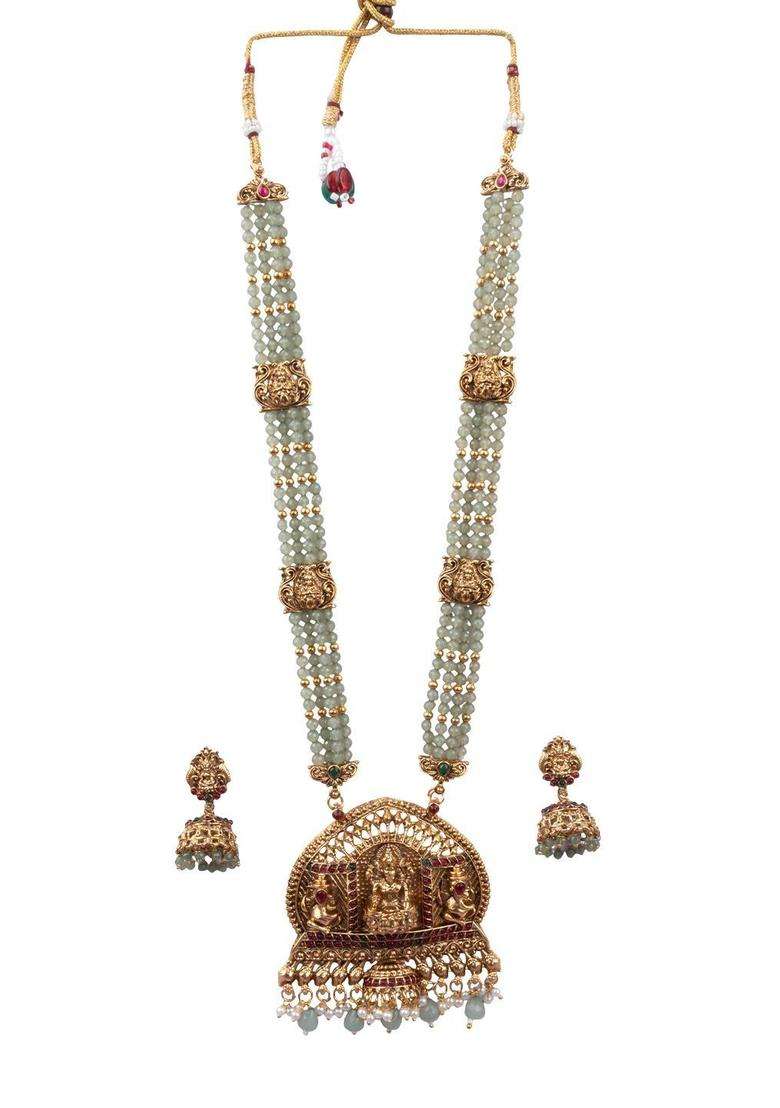 Gold-Plated Temple Stone-Studded Necklace and Earrings for Women | Traditional Temple Jewellery for Wedding & Festive Wear | Gift for Her - Indya