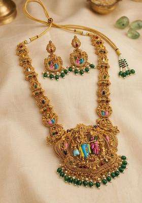 Gold-Plated Temple Stone-Studded Necklace and Earrings for Women | Traditional Temple Jewellery for Wedding & Festive Wear | Gift for Her