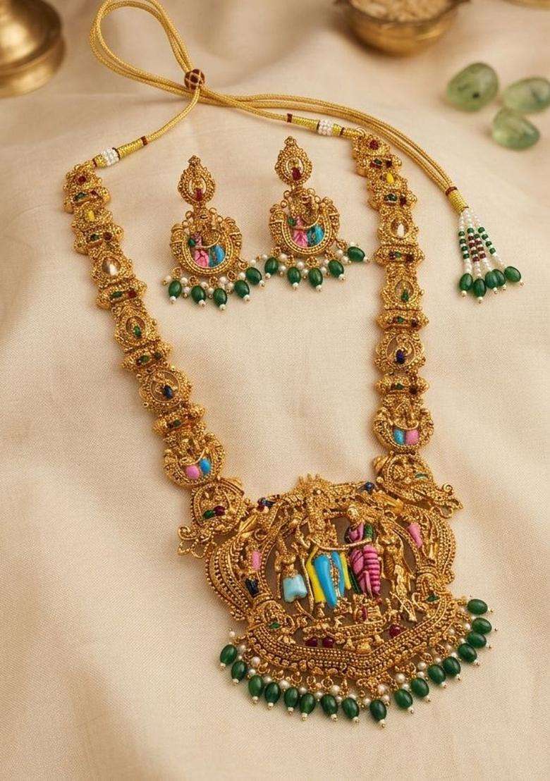 Gold-Plated Temple Stone-Studded Necklace and Earrings for Women | Traditional Temple Jewellery for Wedding & Festive Wear | Gift for Her - Indya
