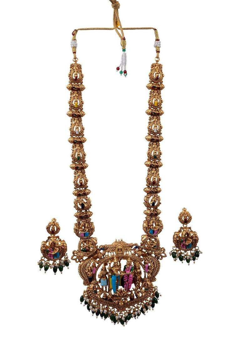 Gold-Plated Temple Stone-Studded Necklace and Earrings for Women | Traditional Temple Jewellery for Wedding & Festive Wear | Gift for Her - Indya