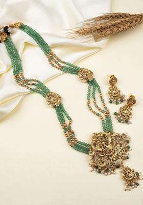 Gold-Plated Artificial Stones Studded & Beaded Temple Jewellery Set for Women | Traditional Temple Jewellery for Wedding & Festive Wear | Gift for Her