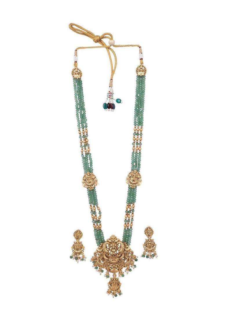 Gold-Plated Artificial Stones Studded & Beaded Temple Jewellery Set for Women | Traditional Temple Jewellery for Wedding & Festive Wear | Gift for Her - Indya