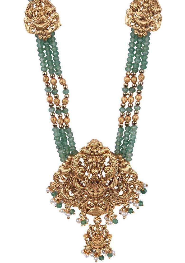 Gold-Plated Artificial Stones Studded & Beaded Temple Jewellery Set for Women | Traditional Temple Jewellery for Wedding & Festive Wear | Gift for Her - Indya
