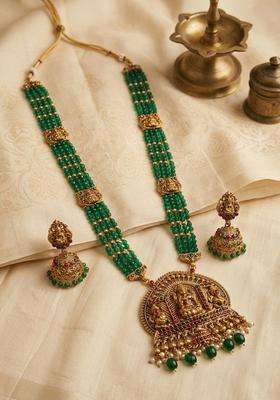 Gold-Plated Temple Stone-Studded Necklace and Earrings for Women | Traditional Temple Jewellery for Wedding & Festive Wear | Gift for Her