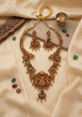 Gold-Plated Temple Stone-Studded Necklace and Earrings for Women | Traditional Temple Jewellery for Wedding & Festive Wear | Gift for Her