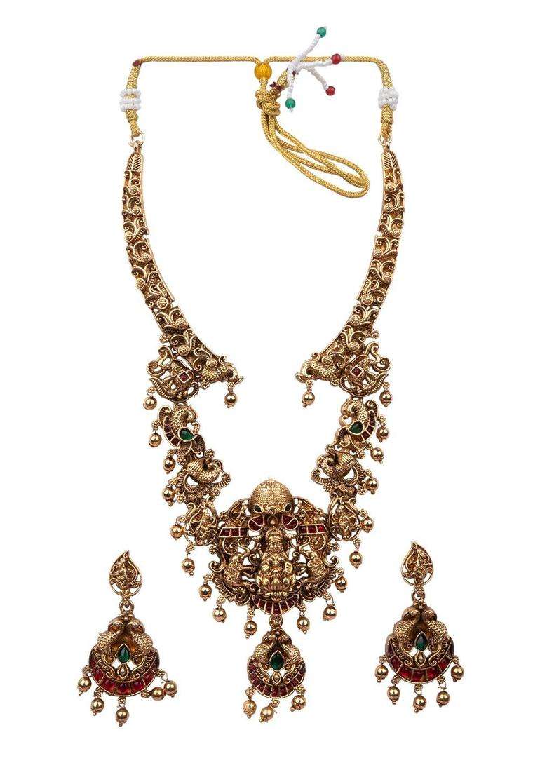 Gold-Plated Temple Stone-Studded Necklace and Earrings for Women | Traditional Temple Jewellery for Wedding & Festive Wear | Gift for Her - Indya