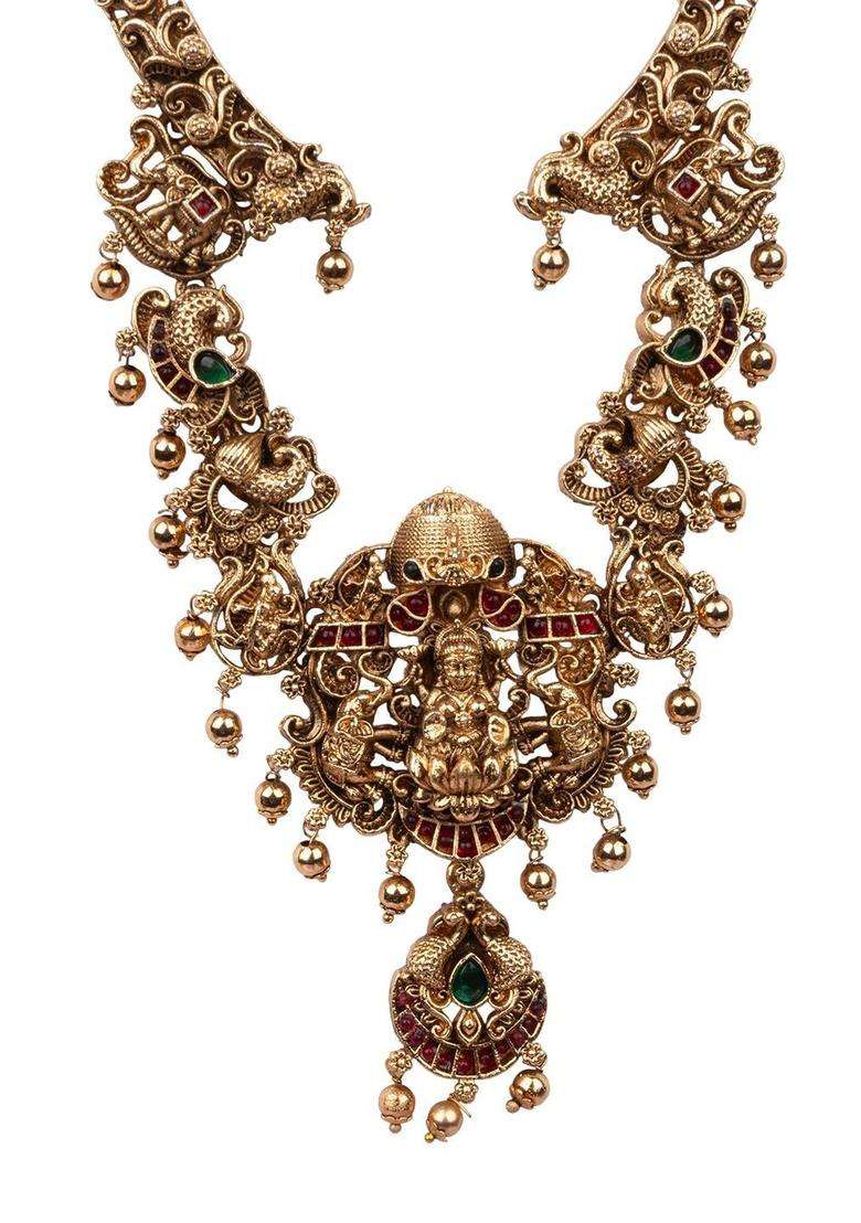 Gold-Plated Temple Stone-Studded Necklace and Earrings for Women | Traditional Temple Jewellery for Wedding & Festive Wear | Gift for Her - Indya