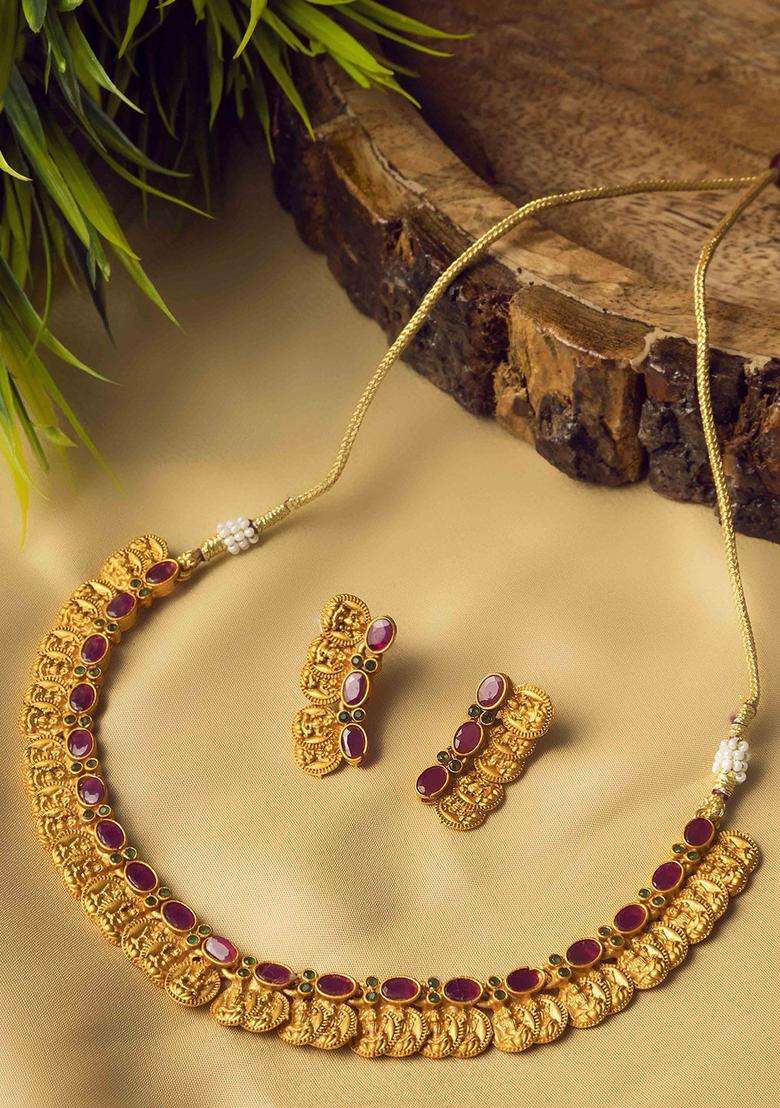 Gold-Plated Stone Studded Lakshmi Goddess Coins Jewellery Set for Women | Traditional Temple Jewellery for Wedding & Festive Wear | Gift for Her - Indya