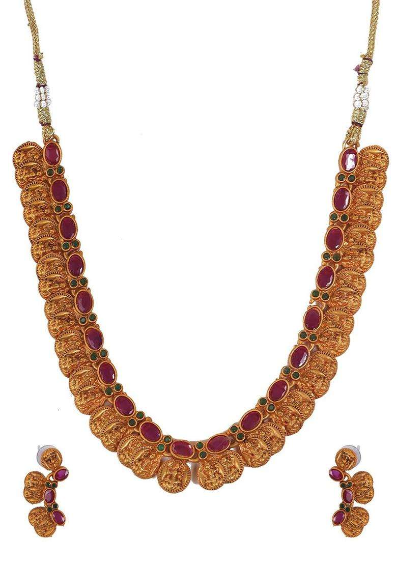 Gold-Plated Stone Studded Lakshmi Goddess Coins Jewellery Set for Women | Traditional Temple Jewellery for Wedding & Festive Wear | Gift for Her - Indya