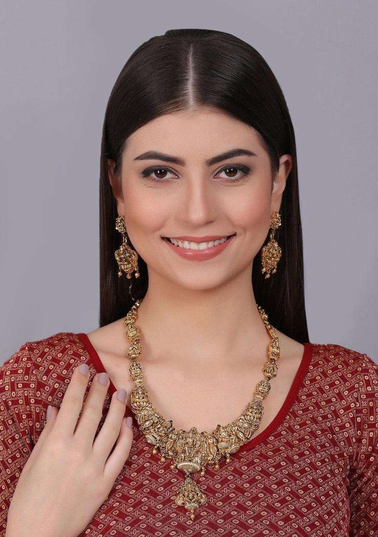 Gold-Plated Stone-Studded & Beaded Temple Necklace & Earrings for Women | Traditional Temple Jewellery for Wedding & Festive Wear | Gift for Her - Indya
