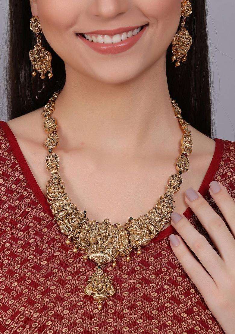 Gold-Plated Stone-Studded & Beaded Temple Necklace & Earrings for Women | Traditional Temple Jewellery for Wedding & Festive Wear | Gift for Her - Indya