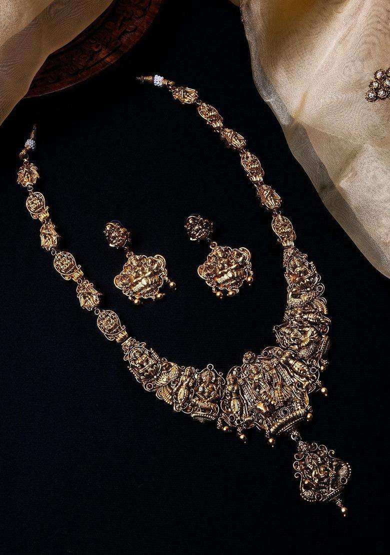 Gold-Plated Stone-Studded & Beaded Temple Necklace & Earrings for Women | Traditional Temple Jewellery for Wedding & Festive Wear | Gift for Her - Indya