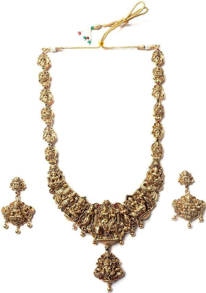 Gold-Plated Stone-Studded & Beaded Temple Necklace & Earrings for Women | Traditional Temple Jewellery for Wedding & Festive Wear | Gift for Her - Indya