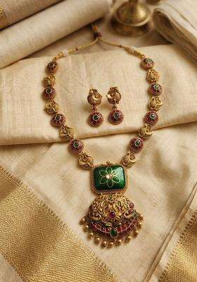 Gold-Plated Temple Stone-Studded Necklace and Earrings for Women | Traditional Temple Jewellery for Wedding & Festive Wear | Gift for Her