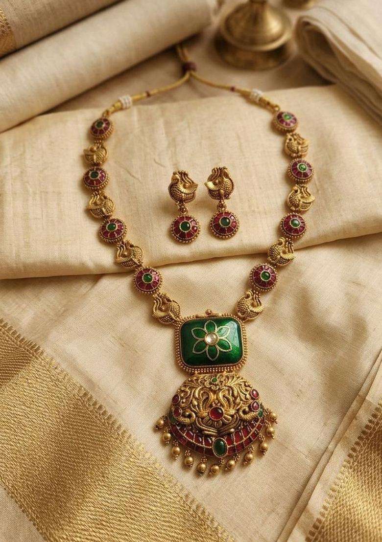 Gold-Plated Temple Stone-Studded Necklace and Earrings for Women | Traditional Temple Jewellery for Wedding & Festive Wear | Gift for Her - Indya