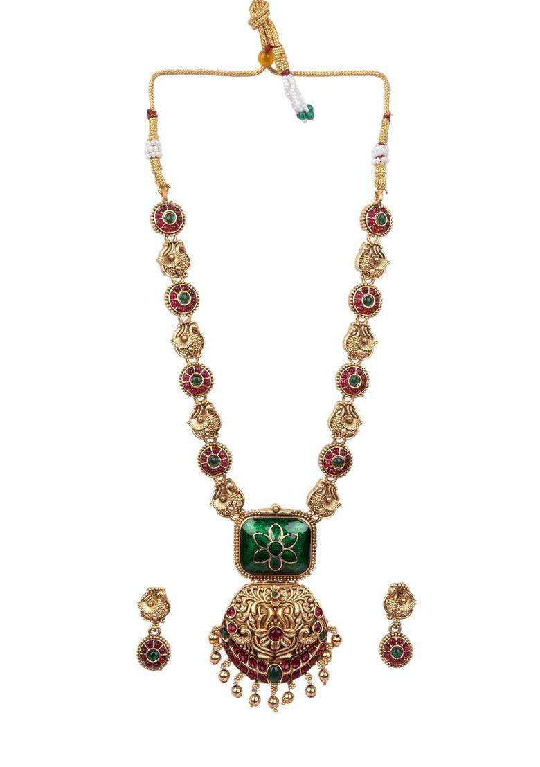 Gold-Plated Temple Stone-Studded Necklace and Earrings for Women | Traditional Temple Jewellery for Wedding & Festive Wear | Gift for Her - Indya