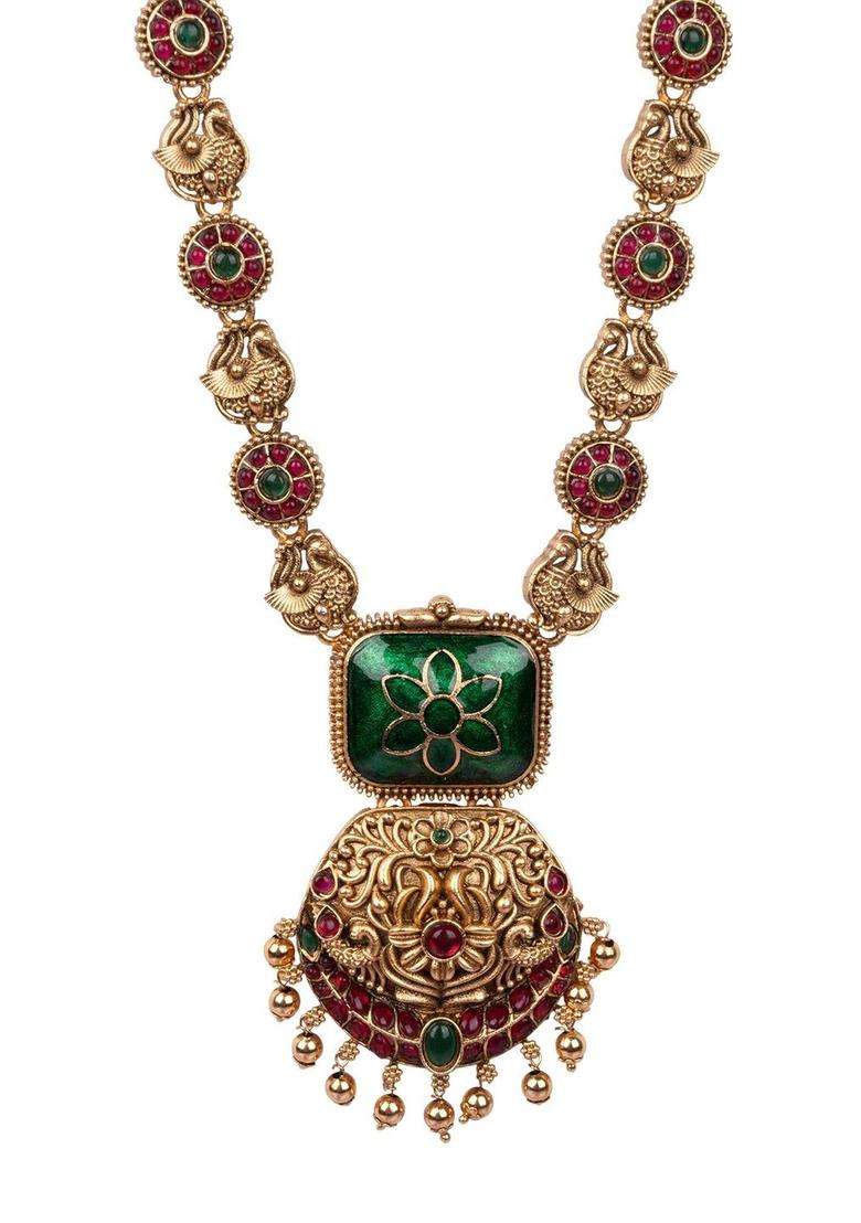 Gold-Plated Temple Stone-Studded Necklace and Earrings for Women | Traditional Temple Jewellery for Wedding & Festive Wear | Gift for Her - Indya