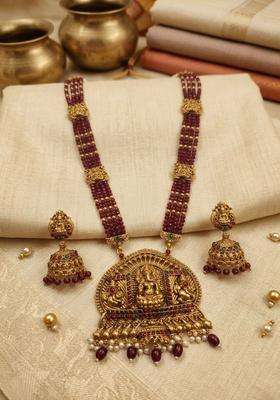 Gold-Plated Temple Stone-Studded Necklace and Earrings for Women | Traditional Temple Jewellery for Wedding & Festive Wear | Gift for Her