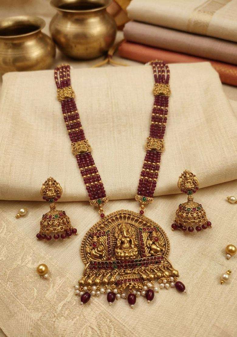 Gold-Plated Temple Stone-Studded Necklace and Earrings for Women | Traditional Temple Jewellery for Wedding & Festive Wear | Gift for Her - Indya