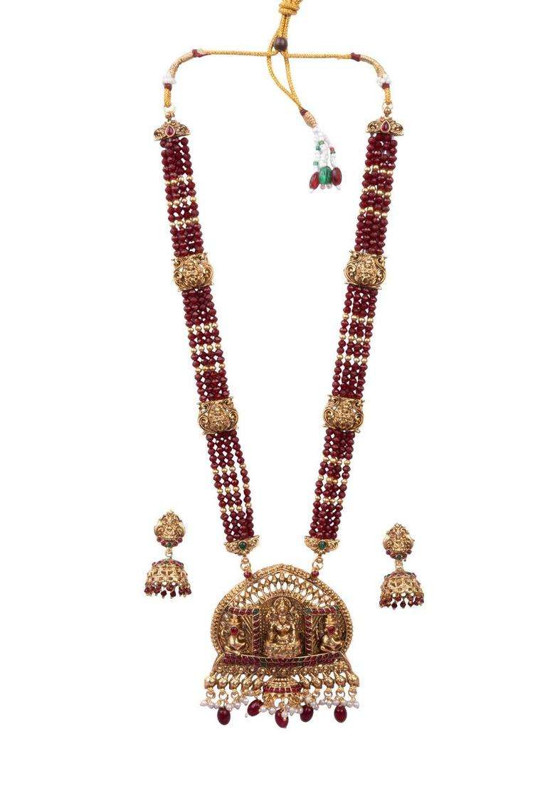 Gold-Plated Temple Stone-Studded Necklace and Earrings for Women | Traditional Temple Jewellery for Wedding & Festive Wear | Gift for Her - Indya