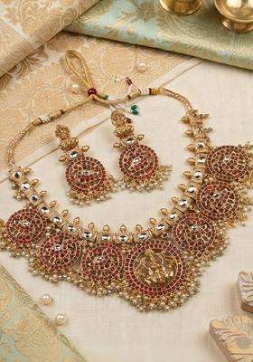 Gold-Plated Temple Artificial Stone Studded & Beaded Necklace and Earrings for Women | Traditional Temple Jewellery for Wedding & Festive Wear | Gift for Her