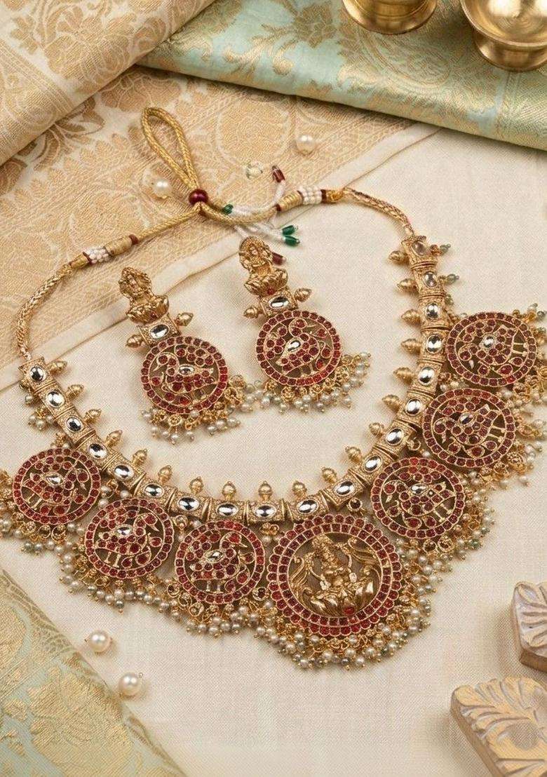 Gold-Plated Temple Artificial Stone Studded & Beaded Necklace and Earrings for Women | Traditional Temple Jewellery for Wedding & Festive Wear | Gift for Her - Indya