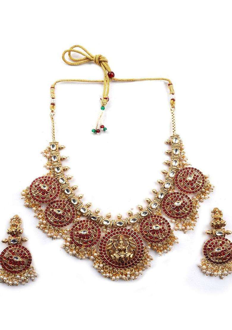 Gold-Plated Temple Artificial Stone Studded & Beaded Necklace and Earrings for Women | Traditional Temple Jewellery for Wedding & Festive Wear | Gift for Her - Indya