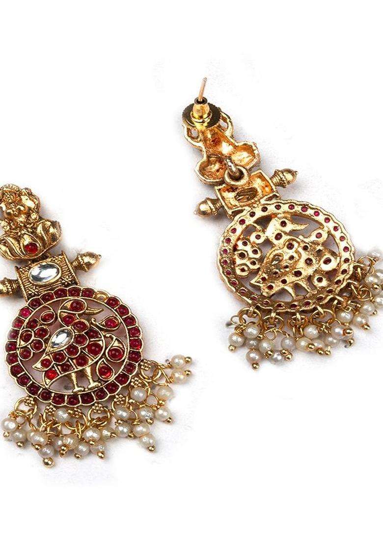 Gold-Plated Temple Artificial Stone Studded & Beaded Necklace and Earrings for Women | Traditional Temple Jewellery for Wedding & Festive Wear | Gift for Her - Indya