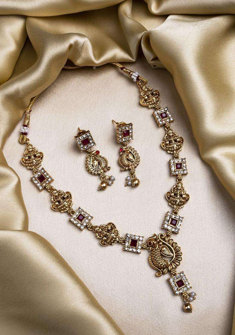 Gold-Plated Sleek Peacock Necklace & Earrings Set for Women | Traditional Temple Jewellery for Wedding & Festive Wear | Gift for Her - Indya