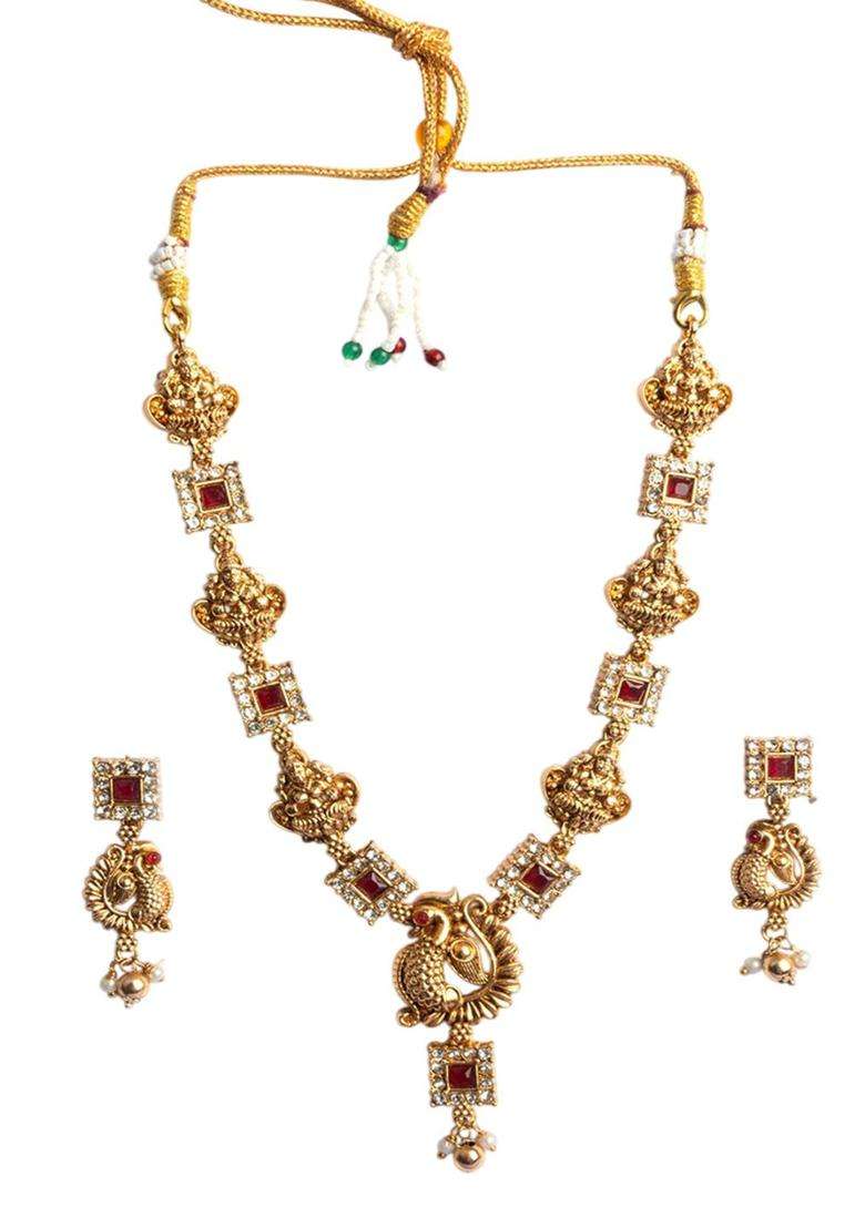 Gold-Plated Sleek Peacock Necklace & Earrings Set for Women | Traditional Temple Jewellery for Wedding & Festive Wear | Gift for Her - Indya