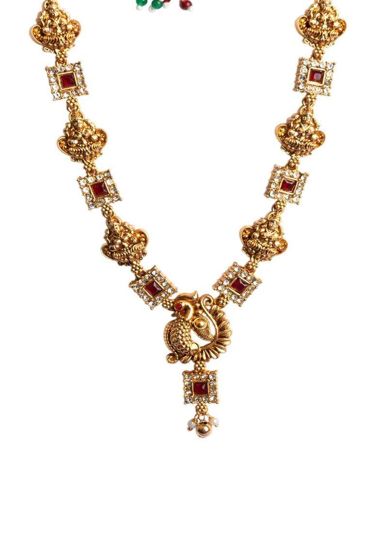 Gold-Plated Sleek Peacock Necklace & Earrings Set for Women | Traditional Temple Jewellery for Wedding & Festive Wear | Gift for Her - Indya