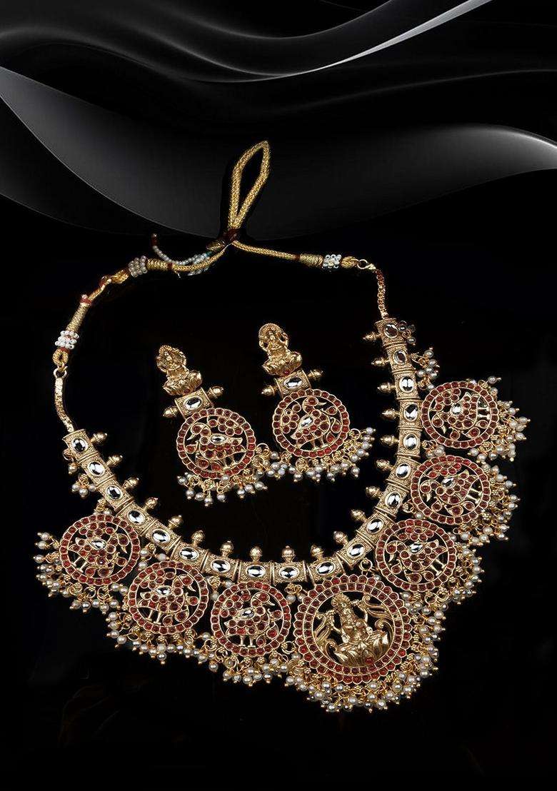 Gold-Plated Artificial Stones Studded Temple Jewellery Set for Women | Traditional Temple Jewellery for Wedding & Festive Wear | Gift for Her - Indya