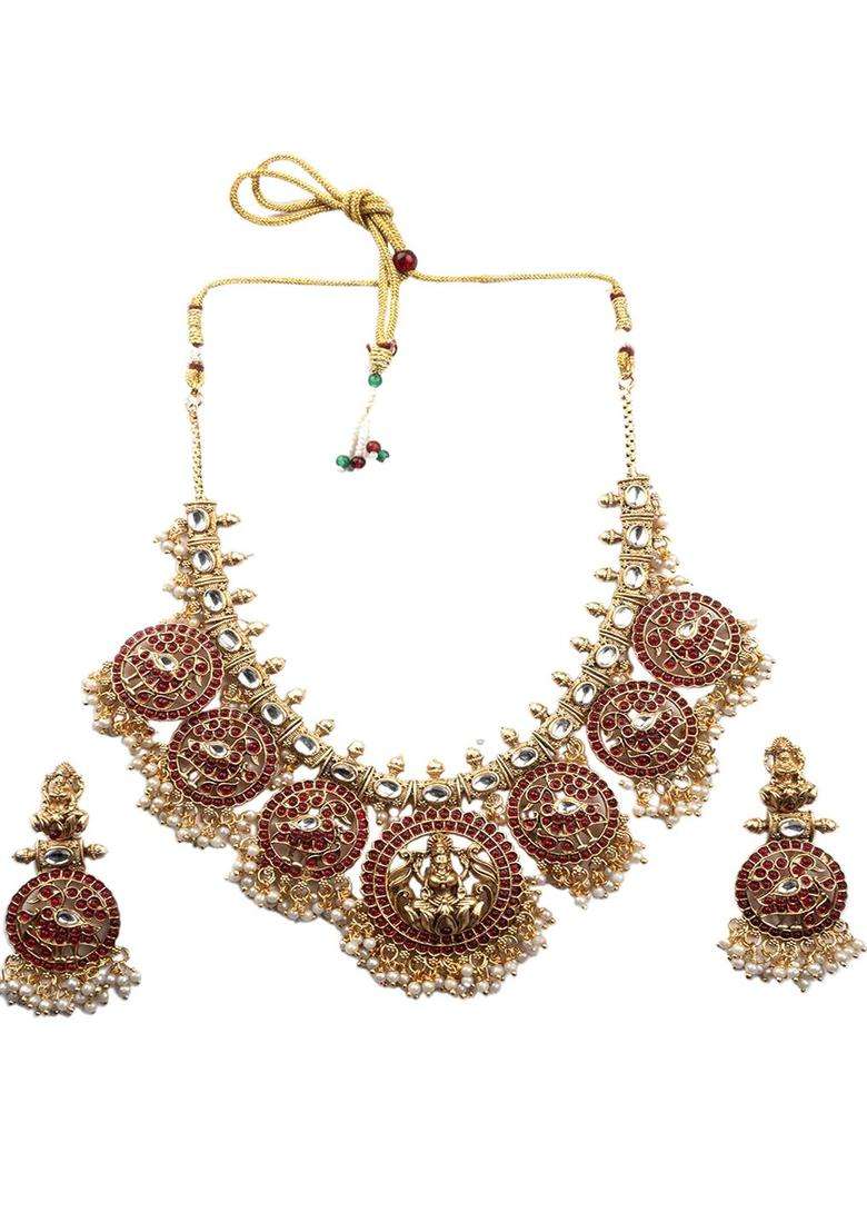 Gold-Plated Artificial Stones Studded Temple Jewellery Set for Women | Traditional Temple Jewellery for Wedding & Festive Wear | Gift for Her - Indya