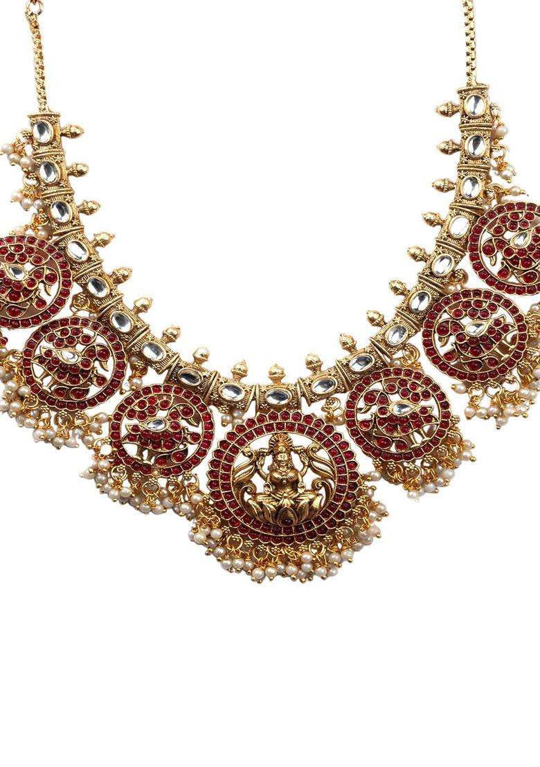 Gold-Plated Artificial Stones Studded Temple Jewellery Set for Women | Traditional Temple Jewellery for Wedding & Festive Wear | Gift for Her - Indya