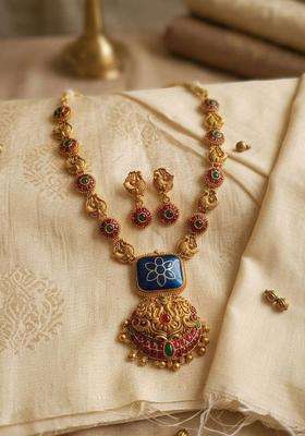 Gold-Plated Temple Stone-Studded Necklace and Earrings for Women | Traditional Temple Jewellery for Wedding & Festive Wear | Gift for Her