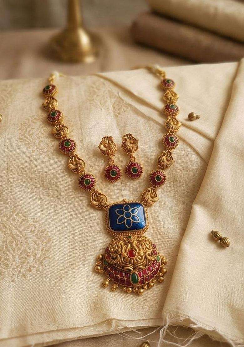 Gold-Plated Temple Stone-Studded Necklace and Earrings for Women | Traditional Temple Jewellery for Wedding & Festive Wear | Gift for Her - Indya