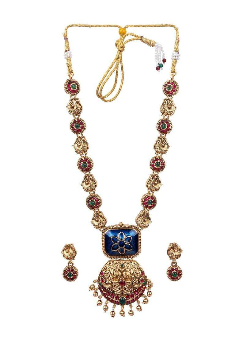 Gold-Plated Temple Stone-Studded Necklace and Earrings for Women | Traditional Temple Jewellery for Wedding & Festive Wear | Gift for Her - Indya