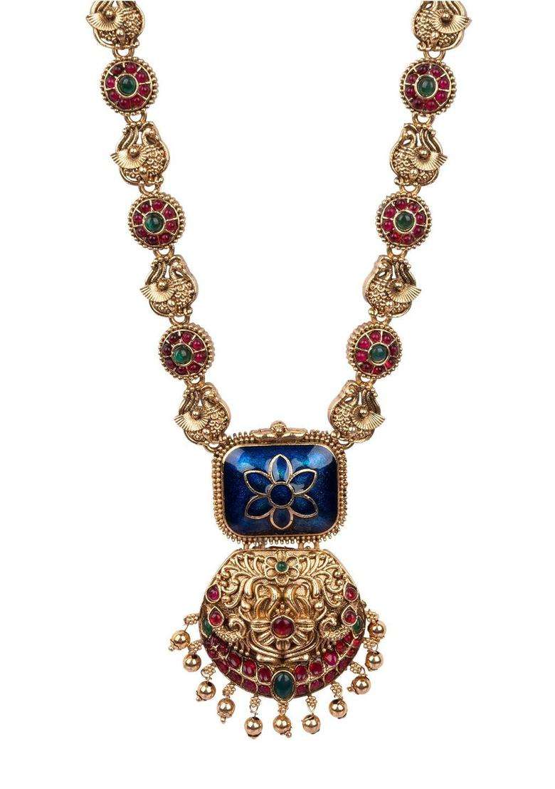 Gold-Plated Temple Stone-Studded Necklace and Earrings for Women | Traditional Temple Jewellery for Wedding & Festive Wear | Gift for Her - Indya