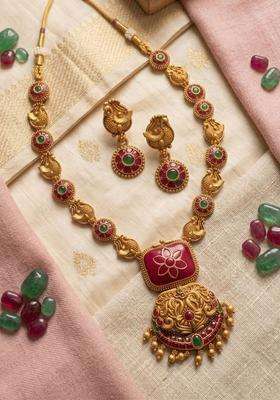 Gold-Plated Temple Stone-Studded Necklace and Earrings for Women | Traditional Temple Jewellery for Wedding & Festive Wear | Gift for Her