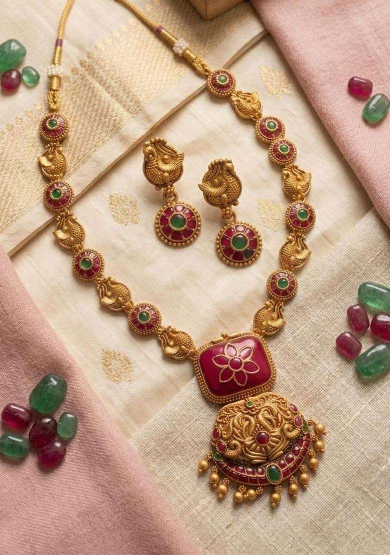 Gold-Plated Temple Stone-Studded Necklace and Earrings for Women | Traditional Temple Jewellery for Wedding & Festive Wear | Gift for Her - Indya